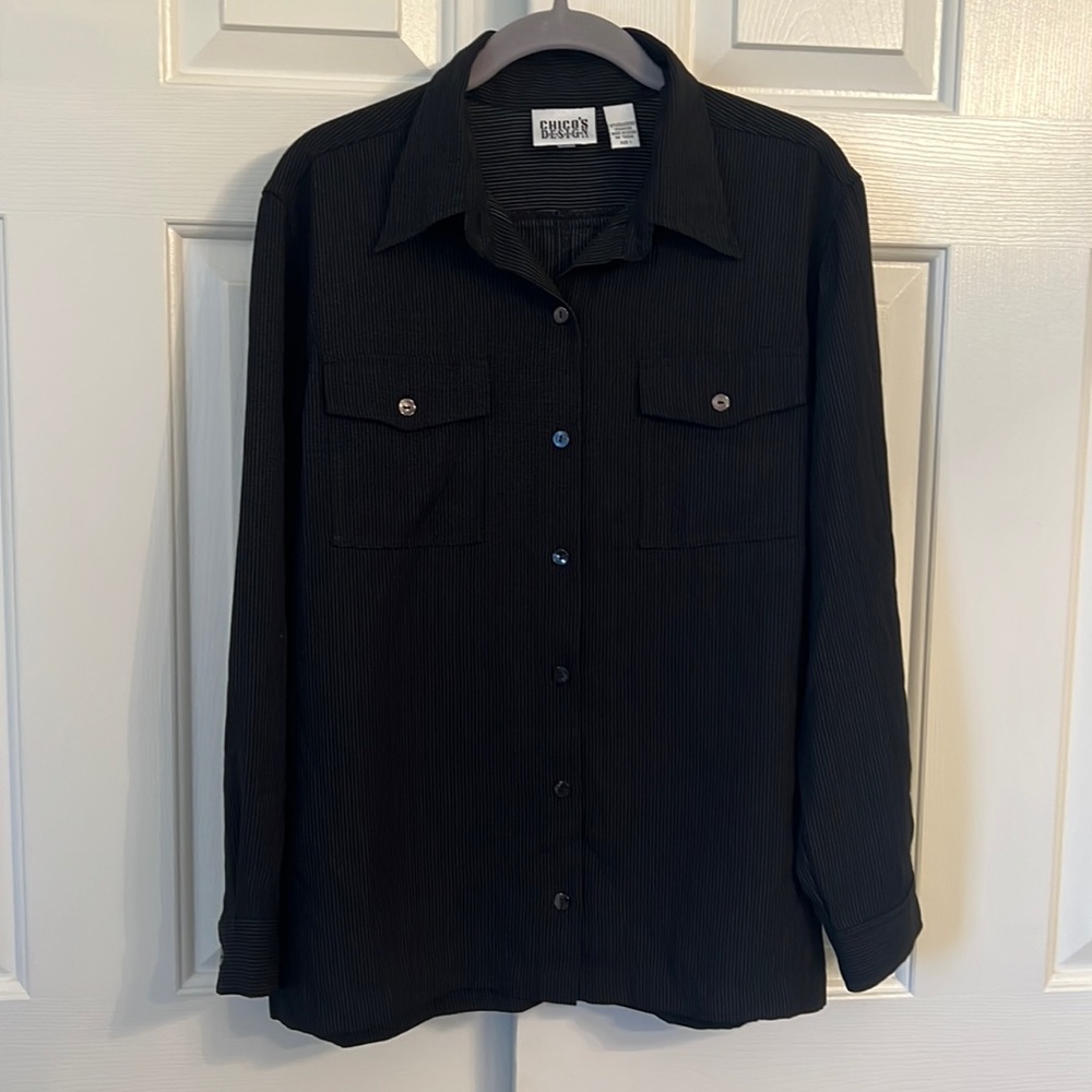 #27- Chicos Design Black Stripes Long Sleeve Button Down Top Blouse Size 1